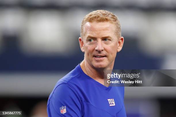 Offensive Coordinator Jason Garrett of the New York Giants on the field before the game against the Dallas Cowboys at AT&T Stadium on October 10,...