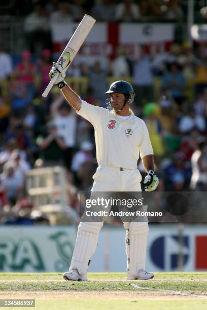 Ricky Ponting acknowledges the crowd after scoring 50 runs during the 3 Ashes Third Test, Second Day at the WACA Ground in Perth, Australia on...