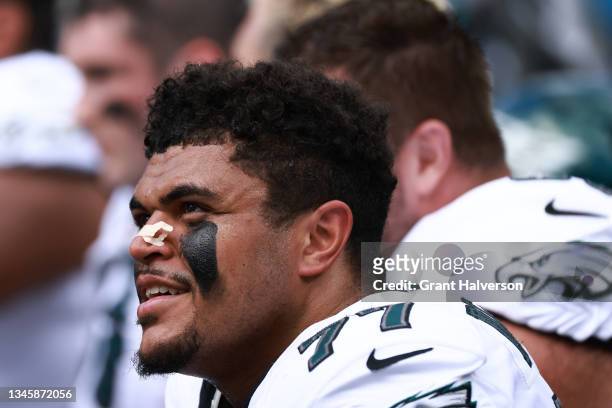 Andre Dillard of the Philadelphia Eagles reacts during a football game against the Philadelphia Eagles at Bank of America Stadium on October 10, 2021...