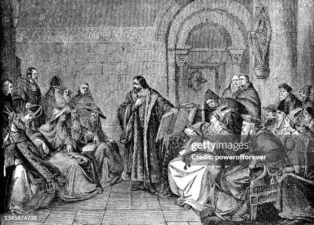 jan hus at the council of constance, painting by karl friedrich lessing - 19th century - philosopher stock illustrations
