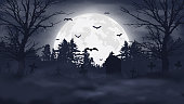 Halloween night background. Scary cemetery and full moon. Vector banner