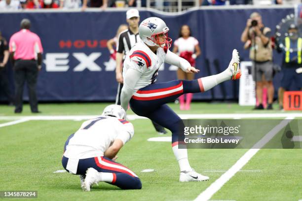 Nick Folk of the New England Patriots kicks a field goal during the second half against the Houston Texans at NRG Stadium on October 10, 2021 in...