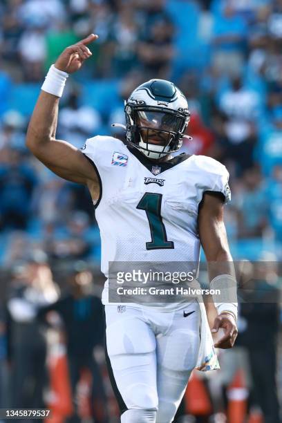 Jalen Hurts of the Philadelphia Eagles celebrates during the second half against the Carolina Panthers at Bank of America Stadium on October 10, 2021...