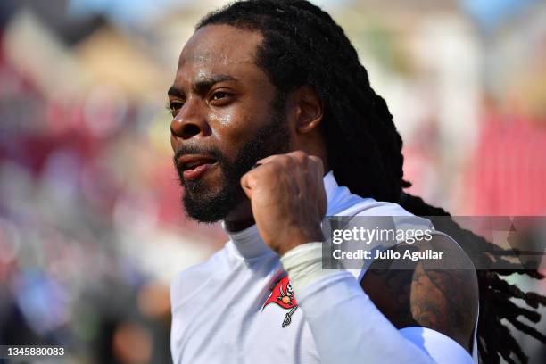 Richard Sherman of the Tampa Bay Buccaneers reacts after defeating the Miami Dolphins 45-17 at Raymond James Stadium on October 10, 2021 in Tampa,...