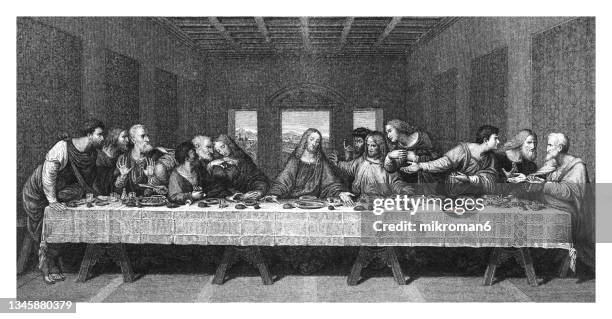 old engraved illustration of the last supper, painting by italian artist leonardo da vinci - the last supper stock pictures, royalty-free photos & images