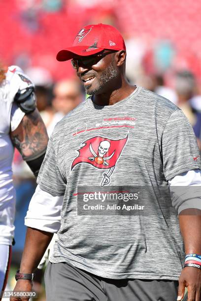 Defensive coordinator Todd Bowles of the Tampa Bay Buccaneers looks on against the Miami Dolphins at Raymond James Stadium on October 10, 2021 in...