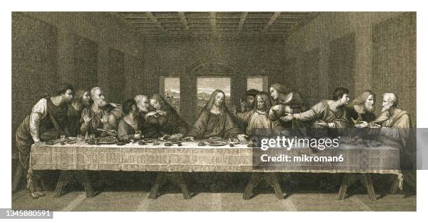 old engraved illustration of the last supper, painting by italian artist leonardo da vinci - da vinci stockfoto's en -beelden