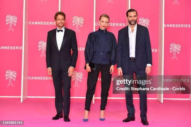 Ioan Gruffudd, Ivanna Sakhno and Gregory Fitoussi attend the 4th Canneseries Festival - Day Three on October 10, 2021 in Cannes, France.