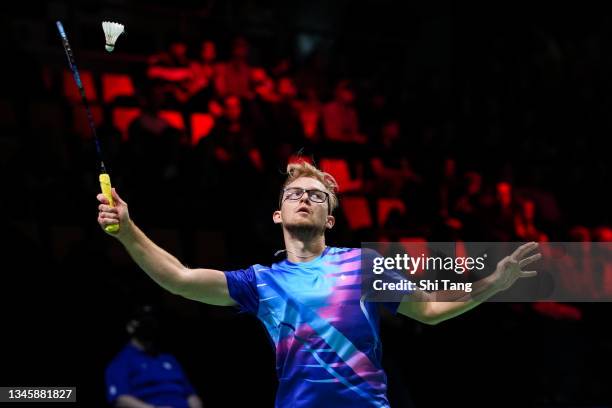 Louis Beaubois of Tahiti competes in the Men's Single match against Lu Guangzu of China during day two of the Thomas & Uber Cup on October 10, 2021...