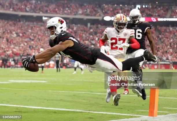 Rondale Moore of the Arizona Cardinals dives for the endzone but comes up short during the first quarter against the San Francisco 49ers at State...