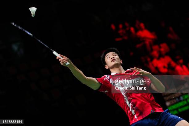 Li Shifeng of China competes in the Men's Single match against Remi Rossi of Tahiti during day two of the Thomas & Uber Cup on October 10, 2021 in...