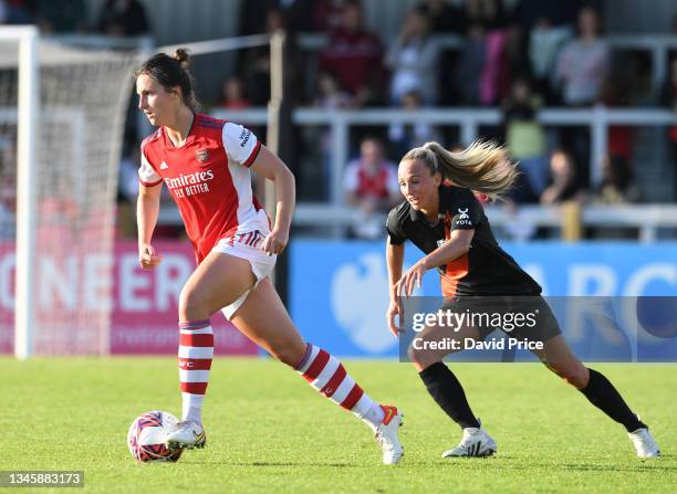 Lotte Wubben-Moy of Arsenal takes on Toni Duggan of Everton during the Barclays FA Women's Super League match between Arsenal Women and Everton Women...