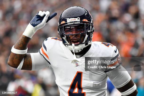 Eddie Jackson of the Chicago Bears reacts during the first half against the Las Vegas Raiders at Allegiant Stadium on October 10, 2021 in Las Vegas,...