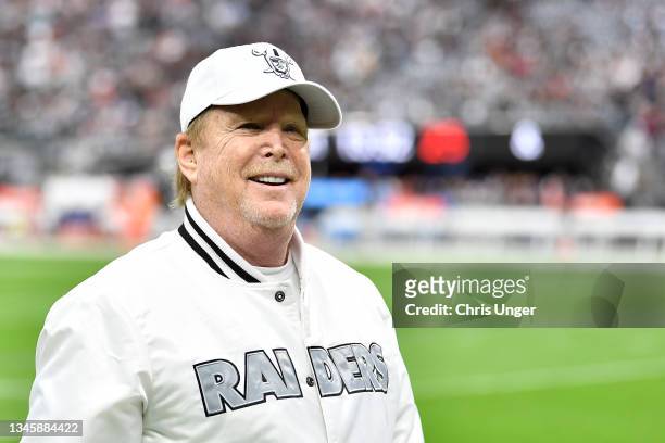 Owner Mark Davis of the Las Vegas Raiders reacts before a game against the Chicago Bears at Allegiant Stadium on October 10, 2021 in Las Vegas,...