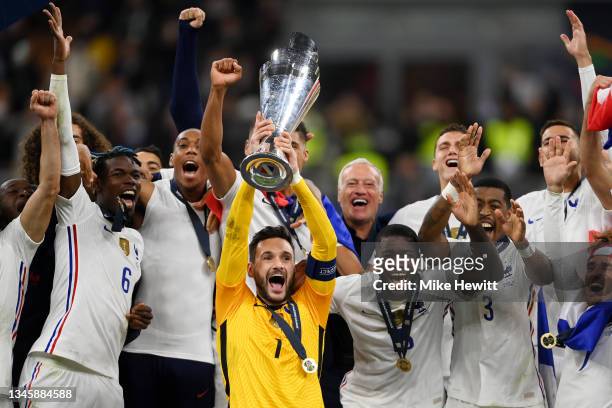Hugo Lloris of France lifts The UEFA Nations League Trophy following their team's victory in the UEFA Nations League 2021 Final match between Spain...