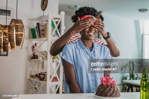 birthday surprise and celebration at home - girlfriend birthday stock pictures, royalty-free photos & images