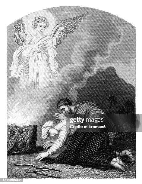 old engraved illustration of manoah's sacrifice - child sacrifice stock pictures, royalty-free photos & images