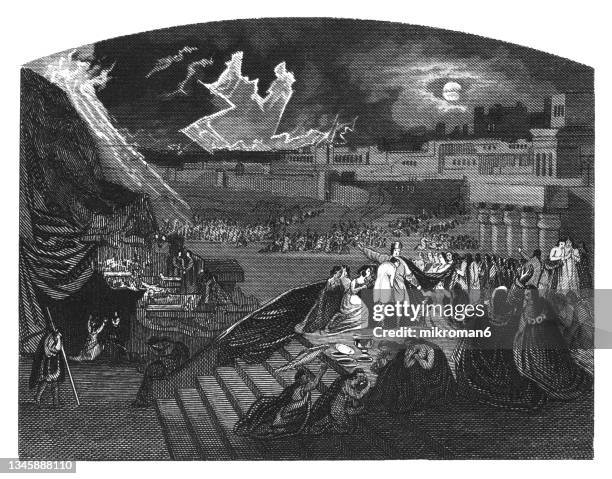 old engraved illustration of the fall of nineveh - babylon iraq stock pictures, royalty-free photos & images