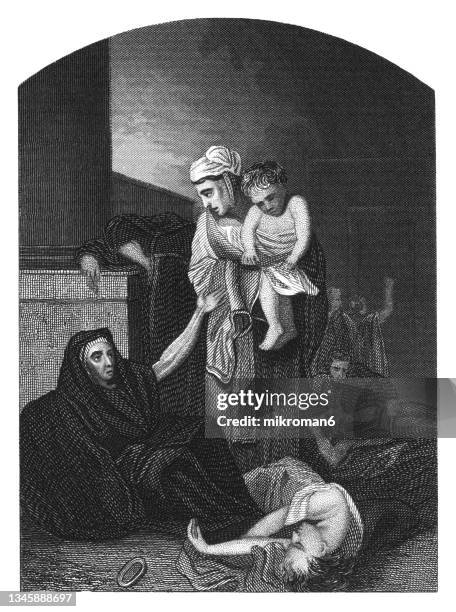 old engraved illustration of famine in jerusalem - historical irish famine stock-fotos und bilder