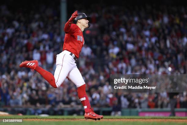 Enrique Hernandez of the Boston Red Sox celebrates his solo homerun in the fifth inning at during Game 3 of the American League Division Series at...