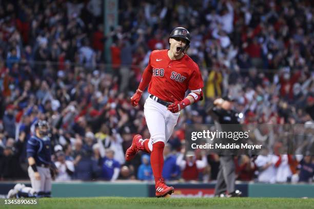 Enrique Hernandez of the Boston Red Sox celebrates his solo homerun in the fifth inning at during Game 3 of the American League Division Series at...