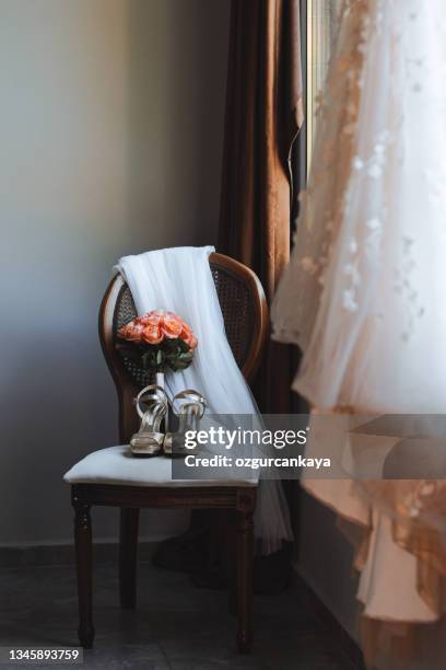 bridal flower and bridal shoes - wedding shoes stock pictures, royalty-free photos & images