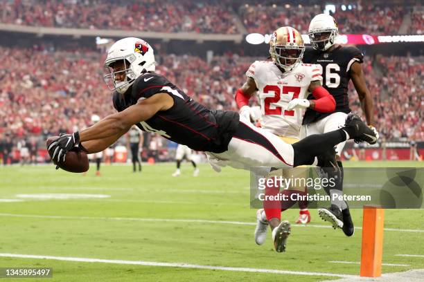 Rondale Moore of the Arizona Cardinals dives for the endzone but comes up short during the first quarter against the San Francisco 49ers at State...