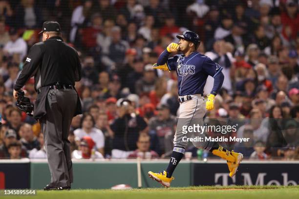 Wander Franco of the Tampa Bay Rays celebrates his solo homerun in the eighth inning against the Boston Red Sox during Game 3 of the American League...