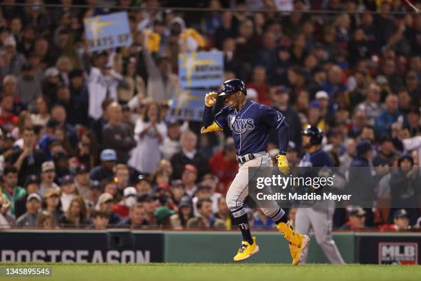 Wander Franco of the Tampa Bay Rays celebrates his solo homerun in the eighth inning against the Boston Red Sox during Game 3 of the American League...