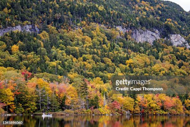 two people canoeing echo lake in franconia notch, new hampshire usa - great pond (new hampshire) stock pictures, royalty-free photos & images