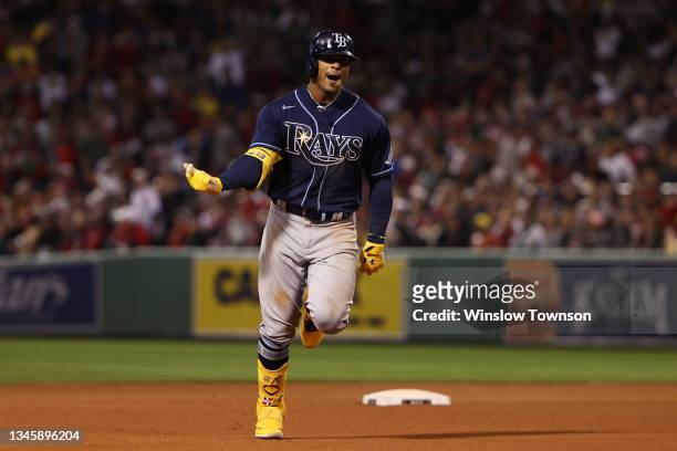 Wander Franco of the Tampa Bay Rays celebrates his solo homerun in the eighth inning against the Boston Red Sox during Game 3 of the American League...