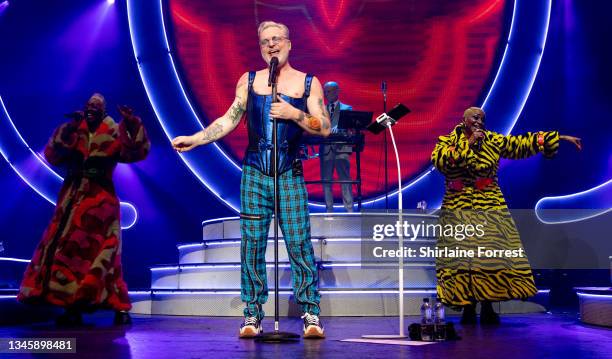 Andy Bell and Vince Clarke of Erasure perform at O2 Apollo Manchester on October 10, 2021 in Manchester, England.