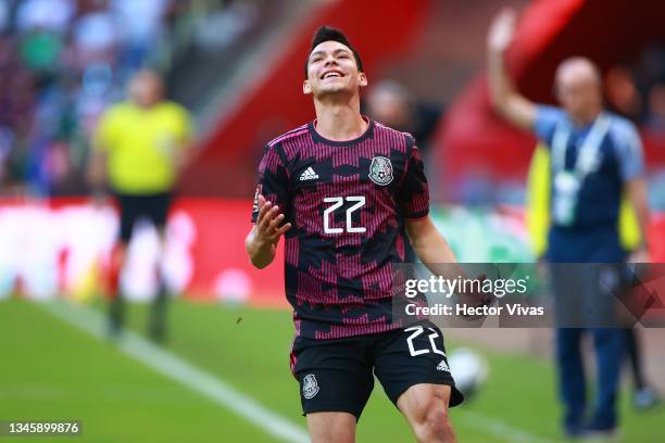 Hirving Lozano of Mexico gestures during the match between Mexico and Honduras as part of the Concacaf 2022 FIFA World Cup Qualifier at Azteca...