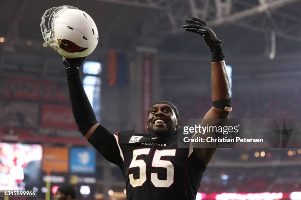 Chandler Jones of the Arizona Cardinals celebrates after defeating the San Francisco 49ers 17-10 at State Farm Stadium on October 10, 2021 in...