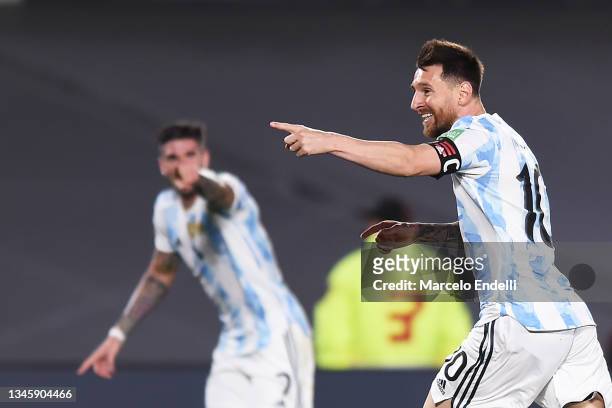 Lionel Messi of Argentina celebrates after scoring the first goal of his team during a match between Argentina and Uruguay as part of South American...