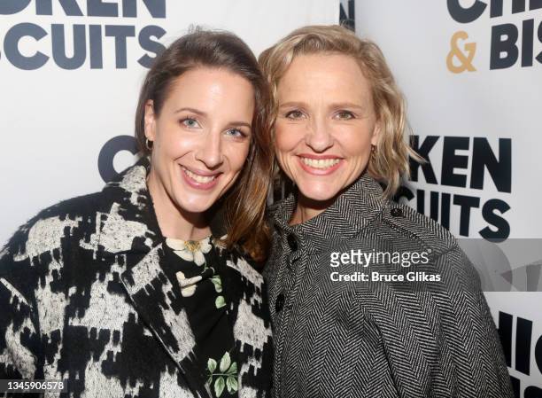 Jessie Mueller and Anika Larsen pose at the opening night of the new play "Chicken & Biscuits" on Broadway at The Circle in the Square Theatre on...