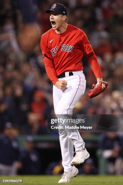 Nick Pivetta of the Boston Red Sox reacts after striking out Jordan Luplow of the Tampa Bay Rays in the 11th inning during Game 3 of the American...