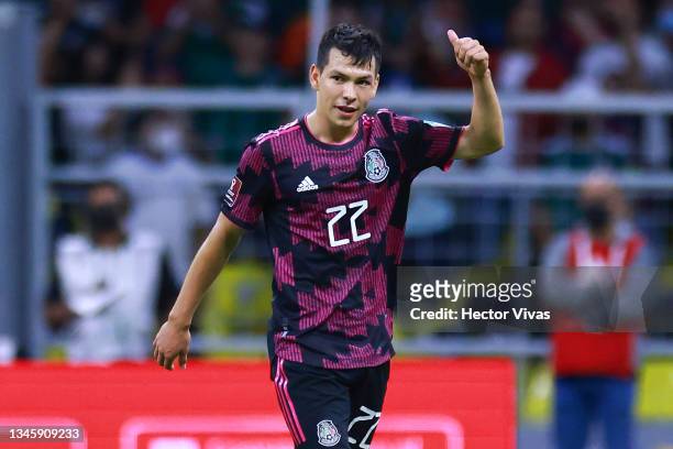 Hirving Lozano of Mexico celebrates after scoring the third goal of his team during the match between Mexico and Honduras as part of the Concacaf...