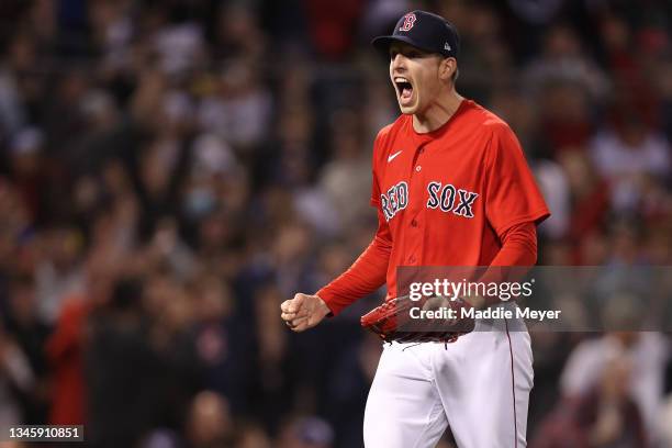 Nick Pivetta of the Boston Red Sox celebrates striking out Mike Zunino of the Tampa Bay Rays in the 13th inning during Game 3 of the American League...