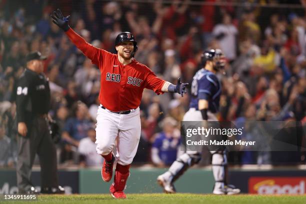 Christian Vazquez of the Boston Red Sox celebrates his game winning two-run homerun in the 13th inning against the Tampa Bay Rays during Game 3 of...