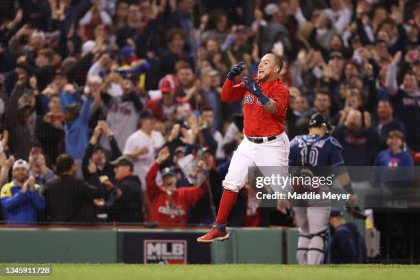 Christian Vazquez of the Boston Red Sox celebrates his game winning two-run homerun in the 13th inning against the Tampa Bay Rays during Game 3 of...