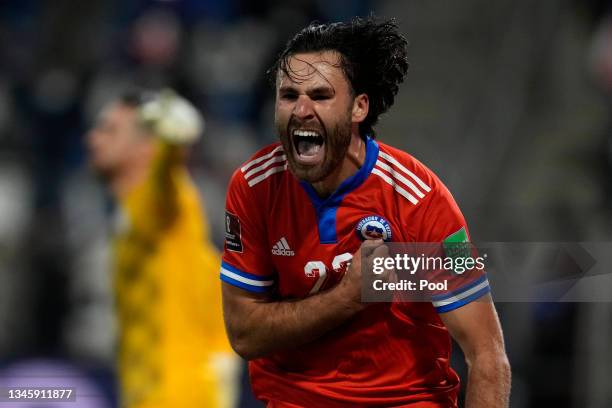 Ben Brereton of Chile celebrates after scoring the opening goal during a match between Chile and Paraguay as part of South American Qualifiers for...