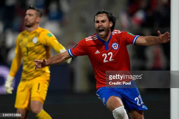 Ben Brereton of Chile celebrates after scoring the opening goal during a match between Chile and Paraguay as part of South American Qualifiers for...