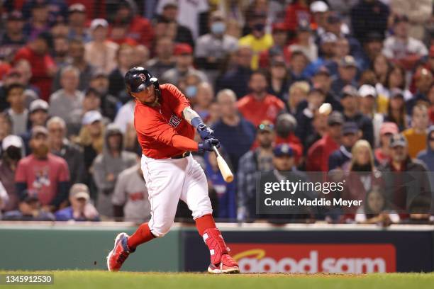 Christian Vazquez of the Boston Red Sox hits the game winning two-run homerun in the 13th inning against the Tampa Bay Rays during Game 3 of the...