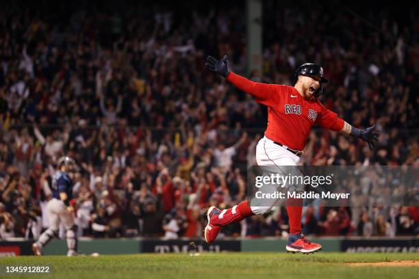 Christian Vazquez of the Boston Red Sox celebrates his game winning two-run homerun in the 13th inning against the Tampa Bay Rays during Game 3 of...