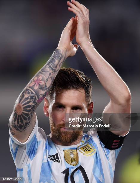 Lionel Messi of Argentina celebrates after winning during a match between Argentina and Uruguay as part of South American Qualifiers for Qatar 2022...