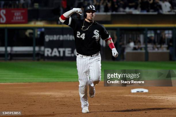 Yasmani Grandal of the Chicago White Sox hits a two run home run in the third inning during game 3 of the American League Division Series against the...
