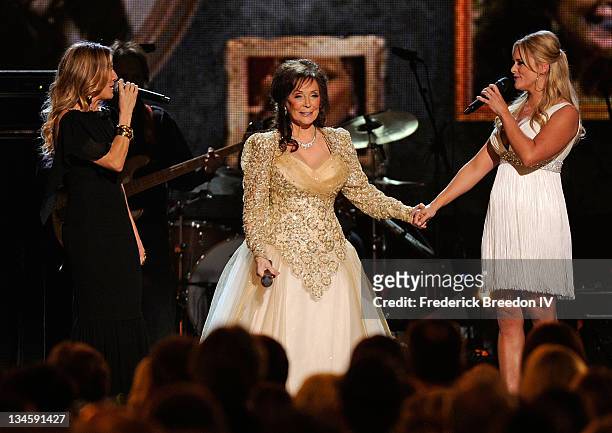 Musicians Sheryl Crow, Loretta Lynn and Miranda Lambert perform at the 44th Annual CMA Awards at the Bridgestone Arena on November 10, 2010 in...