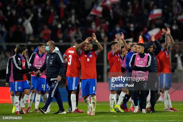 Arturo Vidal of Chile celebrates with teammates after a match between Chile and Paraguay as part of South American Qualifiers for Qatar 2022 at...