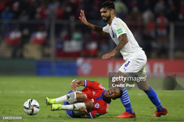 Alexis Sanchez of Chile reacts during a match between Chile and Paraguay as part of South American Qualifiers for Qatar 2022 at Estadio San Carlos de...